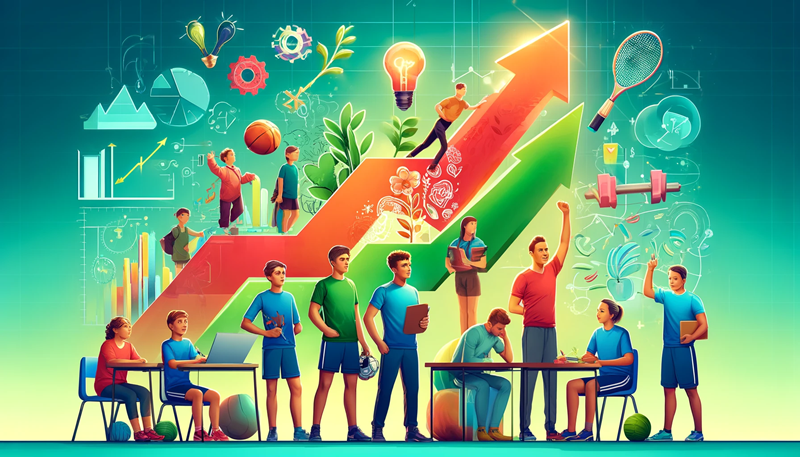 Positive Mindset
Visually represents the concept of a growth mindset, featuring a diverse group of young athletes in a dynamic setting that includes books, sports equipment, and symbols of growth like upward arrows.